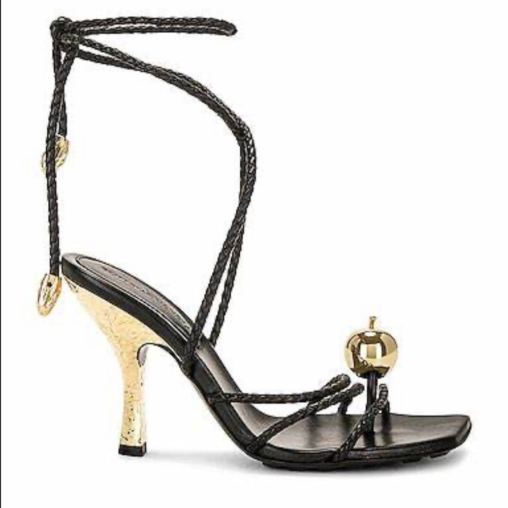 Bottega Veneta “Adam” Sandal Black and Gold Strappy Heels